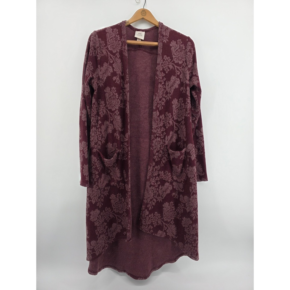 Knox Rose Floral Duster Cardigan Burgundy Long Sleeve Open Front Medium